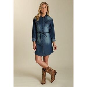 Wrangler Western Denim Shirt Dress with Belt pearl snaps dual pockets cotton S